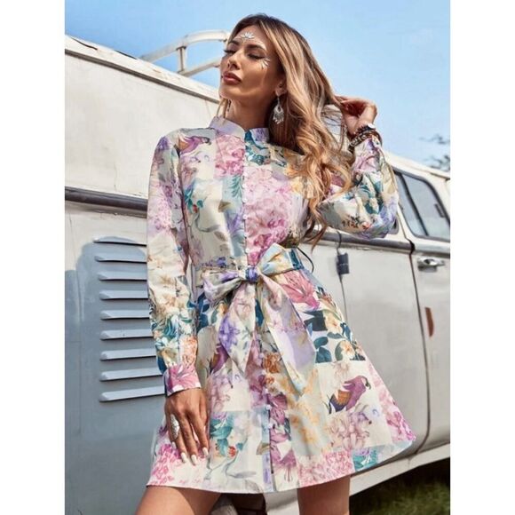 ZARA Floral Patchwork Linen Blend Long Sleeve Mini Dress Small 2725/119/330 - Picture 1 of 16